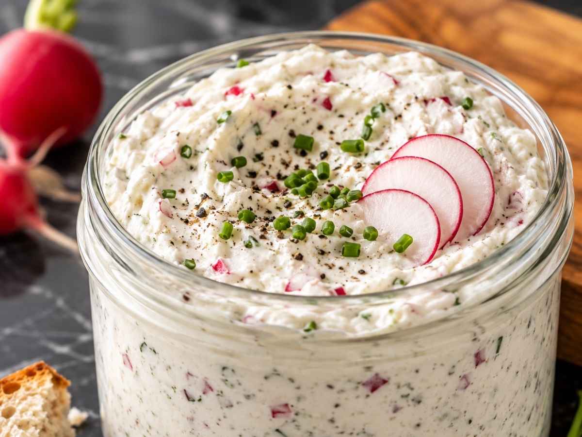 Cremiger Radieschen-Dip mit Frischkäse, Schnittlauch und Radieschenwürfeln in Nahaufnahme