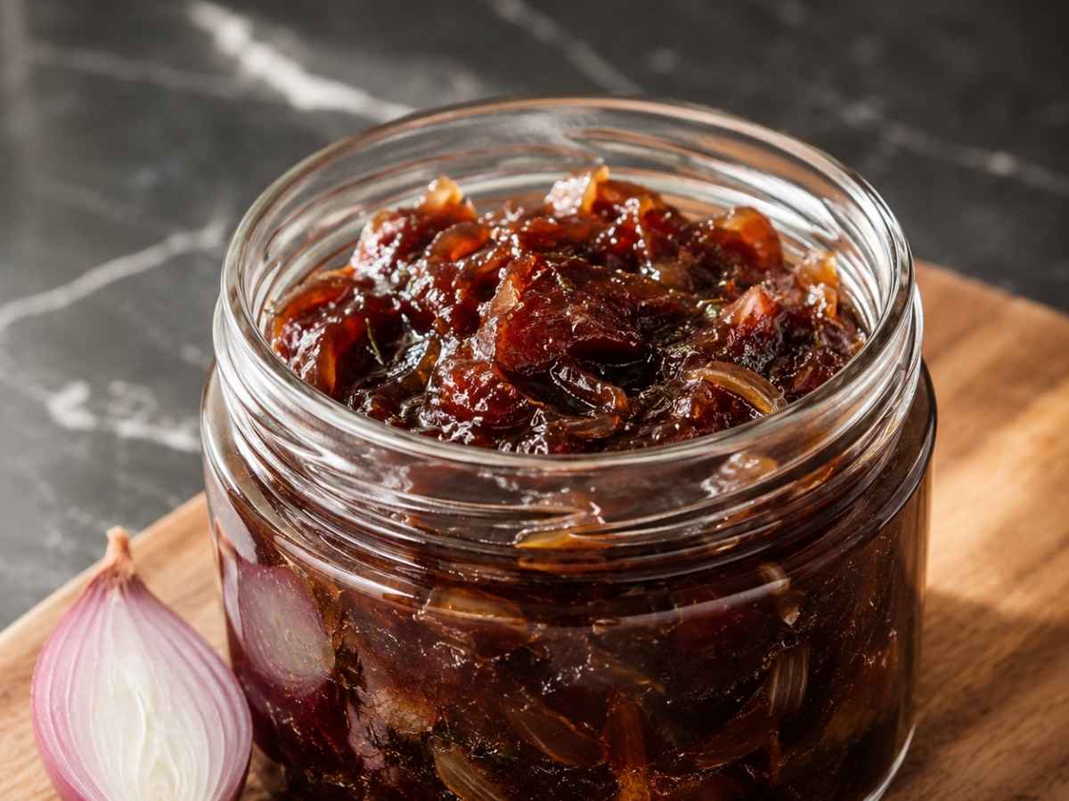 Nahaufnahme von Schalottenconfit mit Portwein auf einer Scheibe Brot