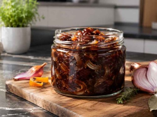 Drei Gläser Schalottenconfit mit Portwein neben Käse und Baguette
