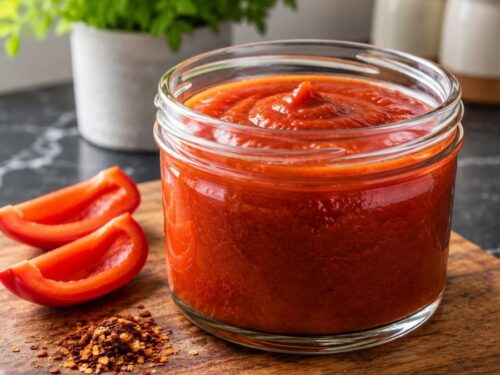 Scharfe Grillsauce in einer Glasschale, umgeben von Grillbesteck auf einem gedeckten Grilltisch