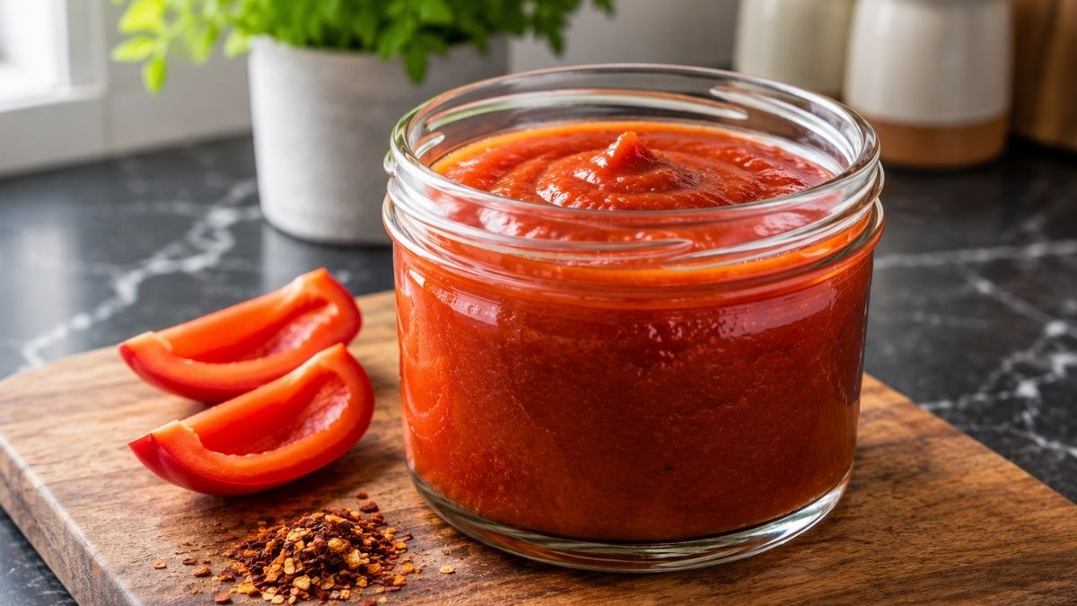 Scharfe Grillsauce in einer Glasschale, umgeben von Grillbesteck auf einem gedeckten Grilltisch