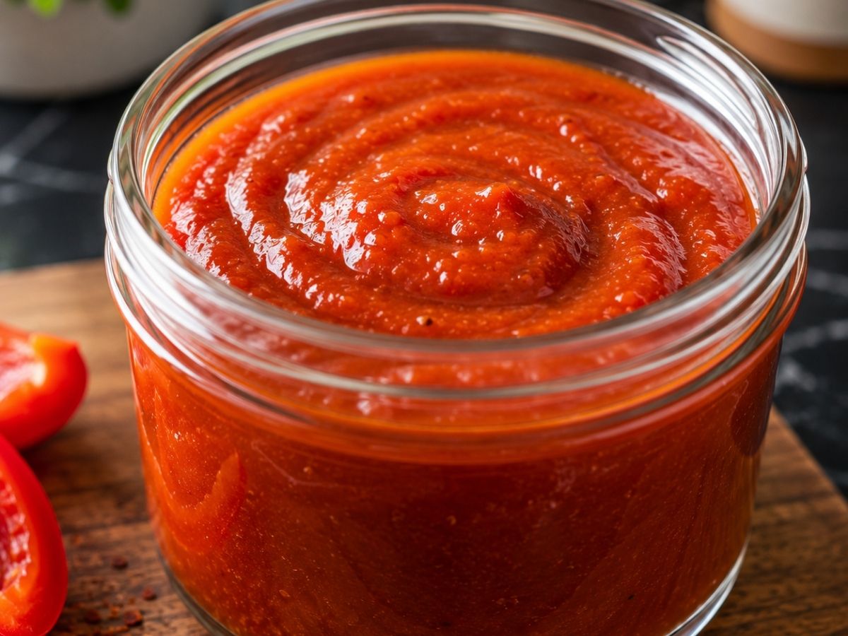 Nahaufnahme der cremigen scharfen Grillsauce aus eingelegter Paprika, Tomaten-Ketchup und Chili-Ketchup