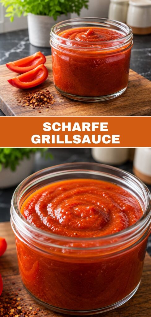 Pinterest-Pin: Scharfe Grillsauce in Glasschale und Nahaufnahme der cremigen Konsistenz, Rezept in 5 Minuten fertig