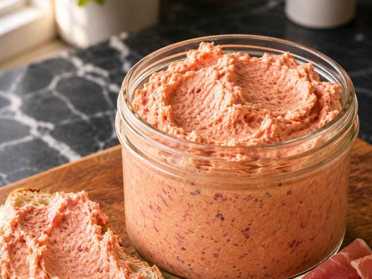 Nahaufnahme der cremigen Schinkenbutter à la Teewurst mit Speck und Schinken