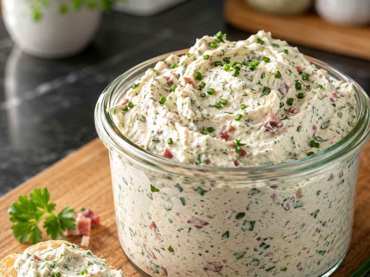 Nahaufnahme der cremigen Schinkencreme-Mousse mit Schnittlauch