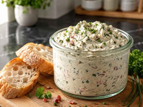 Schinkencreme-Mousse in einer Schüssel, angerichtet mit Baguette und Radieschen