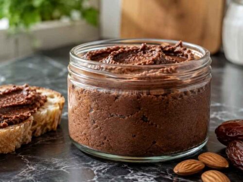 Schoko-Hummus veganer Brotaufstrich im Schraubglas serviert mit Vollkornbrot