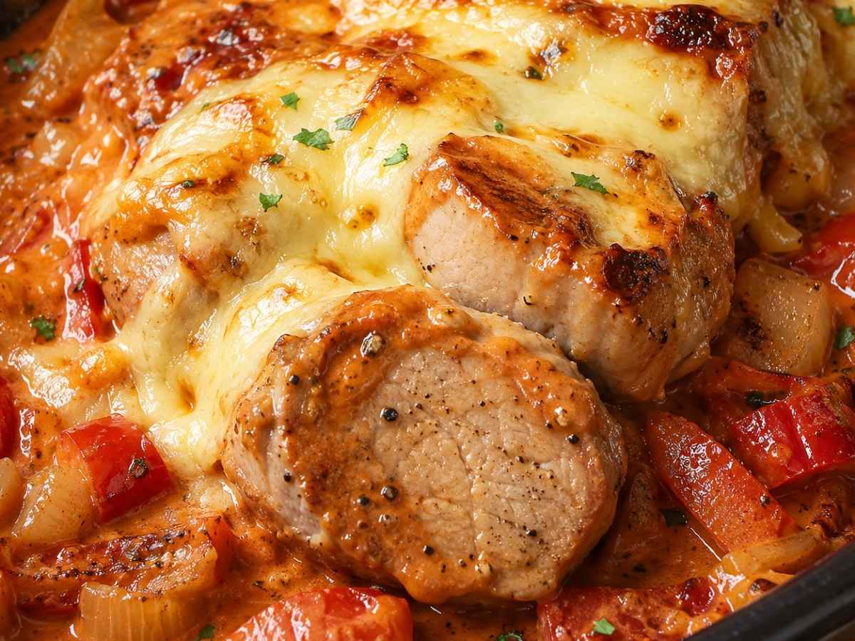 Nahaufnahme von Schweinefilet in Metaxasauce mit geschmolzenem Käse und Paprikastücken