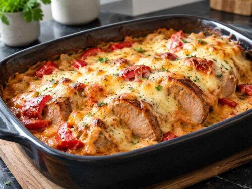 Schweinefilet in Metaxasauce mit goldbrauner Käsekruste, direkt aus dem Ofen