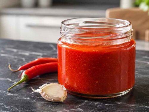 Selbstgemachte Sriracha-Sauce in einer Glasflasche auf Holzbrett