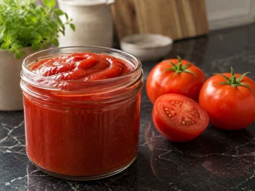 Mehrere Gläser mit selbstgemachtem Ketchup aus Äpfeln und Tomaten