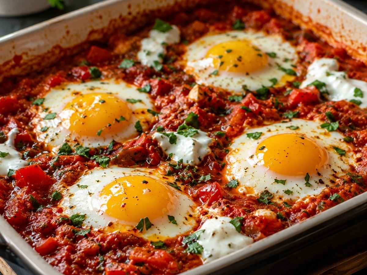 Nahaufnahme von Shakshuka mit weichem Eigelb, Petersilie und Klecks Joghurt