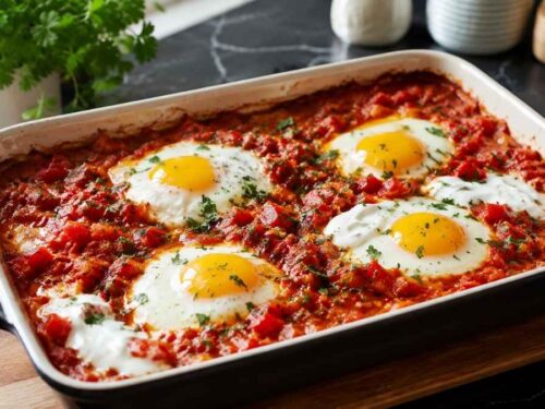 Shakshuka Rezept in ofenfester Auflaufform mit vier pochierten Eiern in Paprika-Tomaten-Sauce