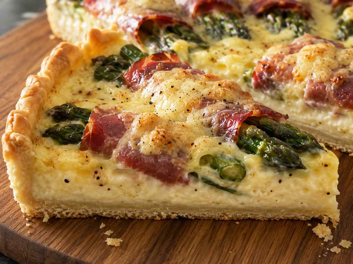 Angeschnittenes Stück Spargelquiche mit Spargel und Schinken