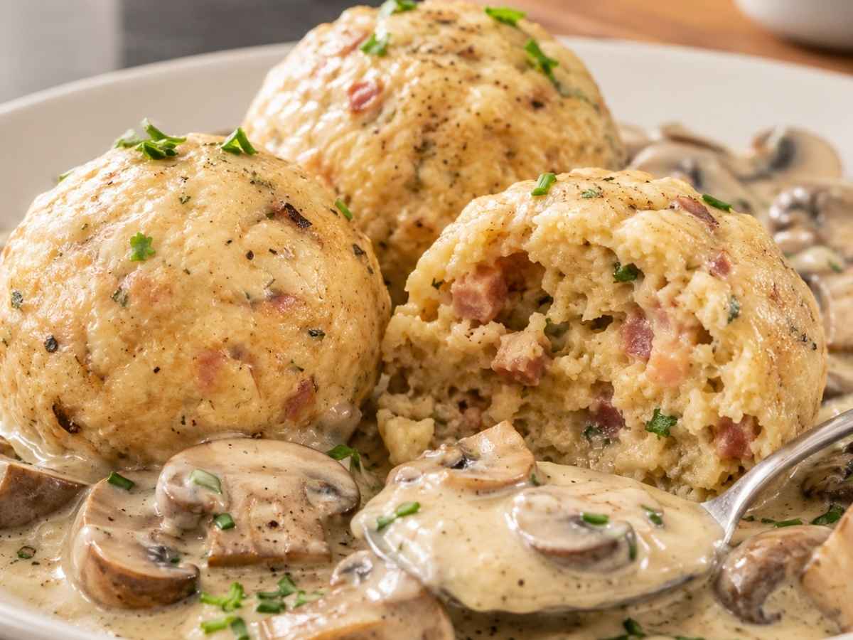 Angeschnittener Speckknödel mit Champignonsauce, Blick auf die würzige Speckfüllung