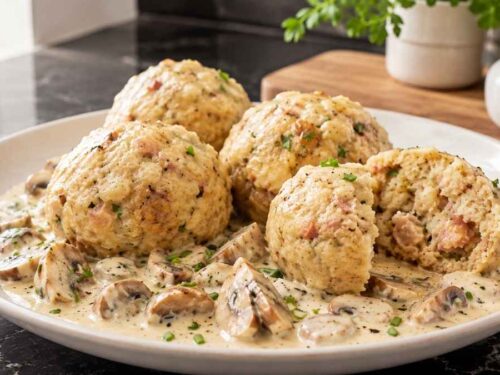Speckknödel mit Champignonsauce auf einem Teller, deftiges Familienessen