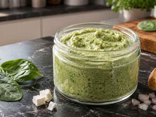 Spinat-Dip mit Feta Spinat-Dip mit Feta in einer Schüssel, umgeben von Fladenbrot und rohem Gemüse zum Dippen