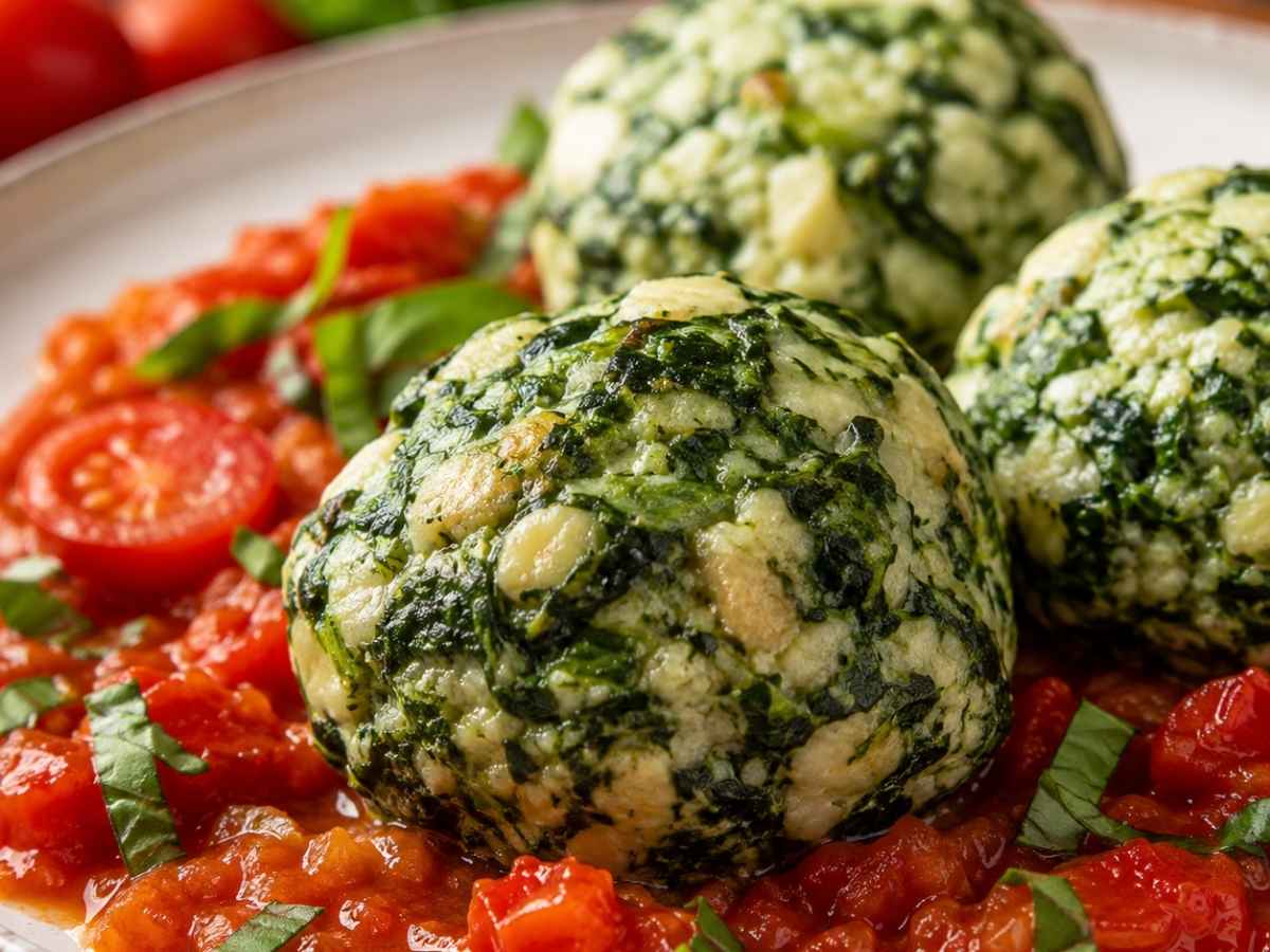 Nahaufnahme eines aufgeschnittenen Spinatknödels mit Mozzarella-Kern