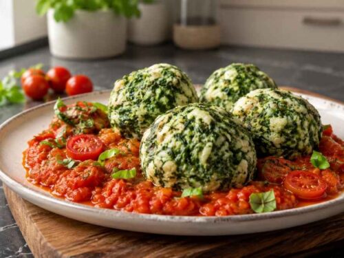 Spinatknödel auf Tomatenragout auf einem Teller, Weitwinkelaufnahme