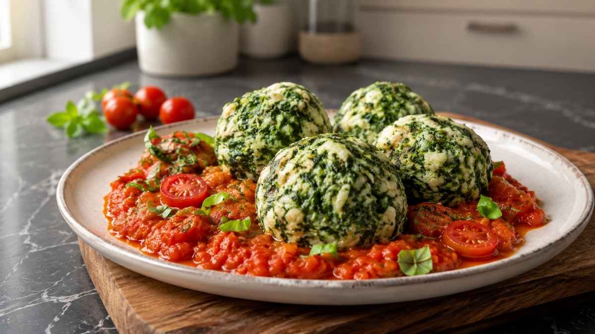 Spinatknödel auf Tomatenragout