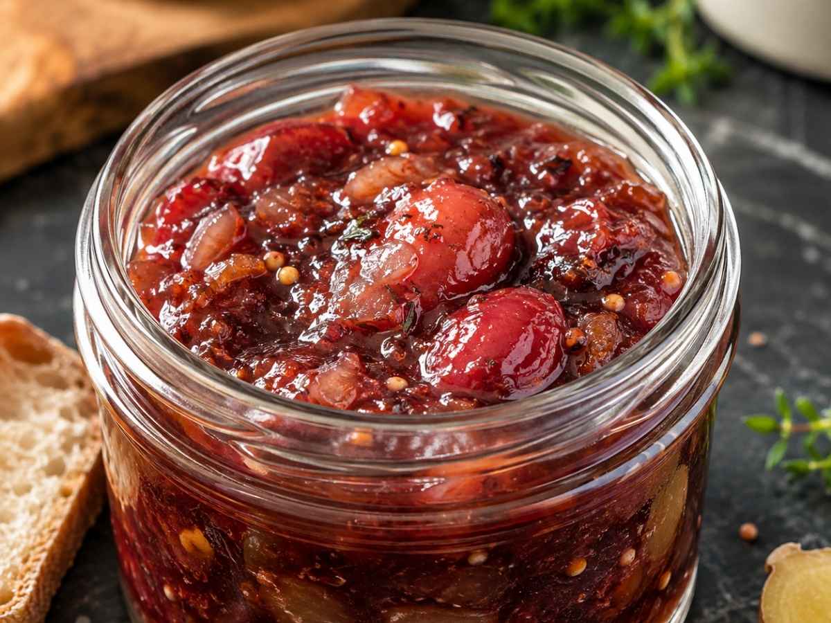 Stachelbeer-Chutney als Dip zu Käse und Baguette serviert