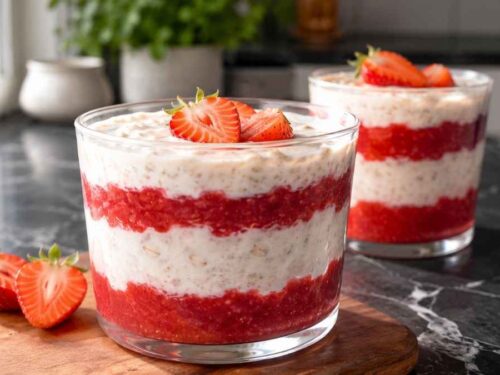 Zwei Gläser Strawberry-Cheesecake Overnight Oats mit Erdbeerschicht in der Mitte, auf einem Holztisch angerichtet