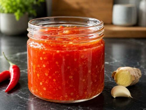 Süß-scharfe Chilisauce selbst gemacht in zwei verschlossenen Glasflaschen neben frischen Peperoni