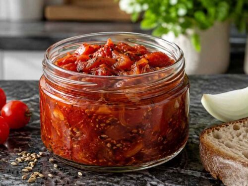 Frisch gekochtes Tomaten-Fenchel-Chutney im großen Topf