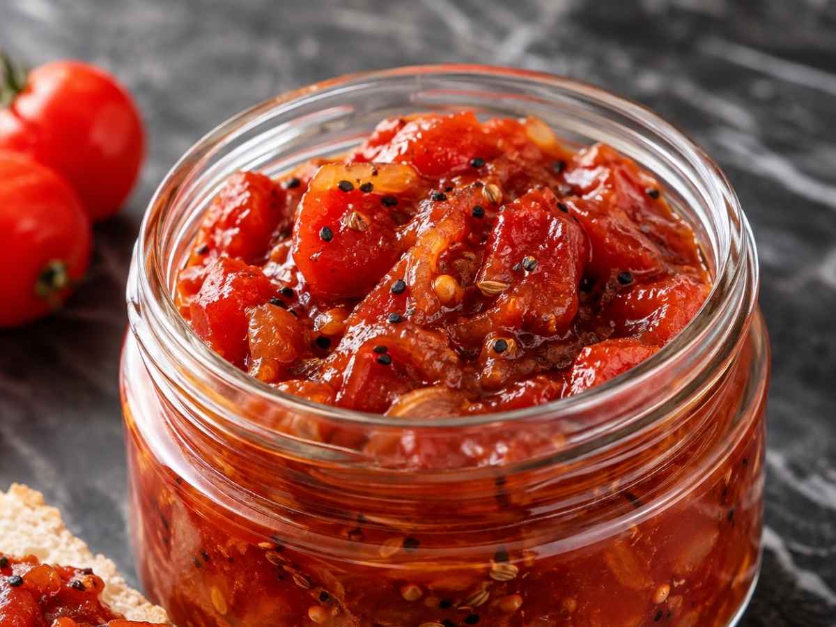 Tomaten-Fenchel-Chutney im offenen Schraubglas mit Löffel