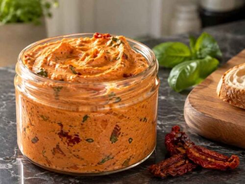Cremiger Tomaten-Frischkäse-Dip in einer Schüssel, serviert mit Baguette und Gemüsesticks