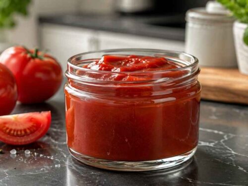 Selbst gemachter Tomaten-Ketchup in einem Glas auf einem Holztisch, umgeben von frischen Tomaten
