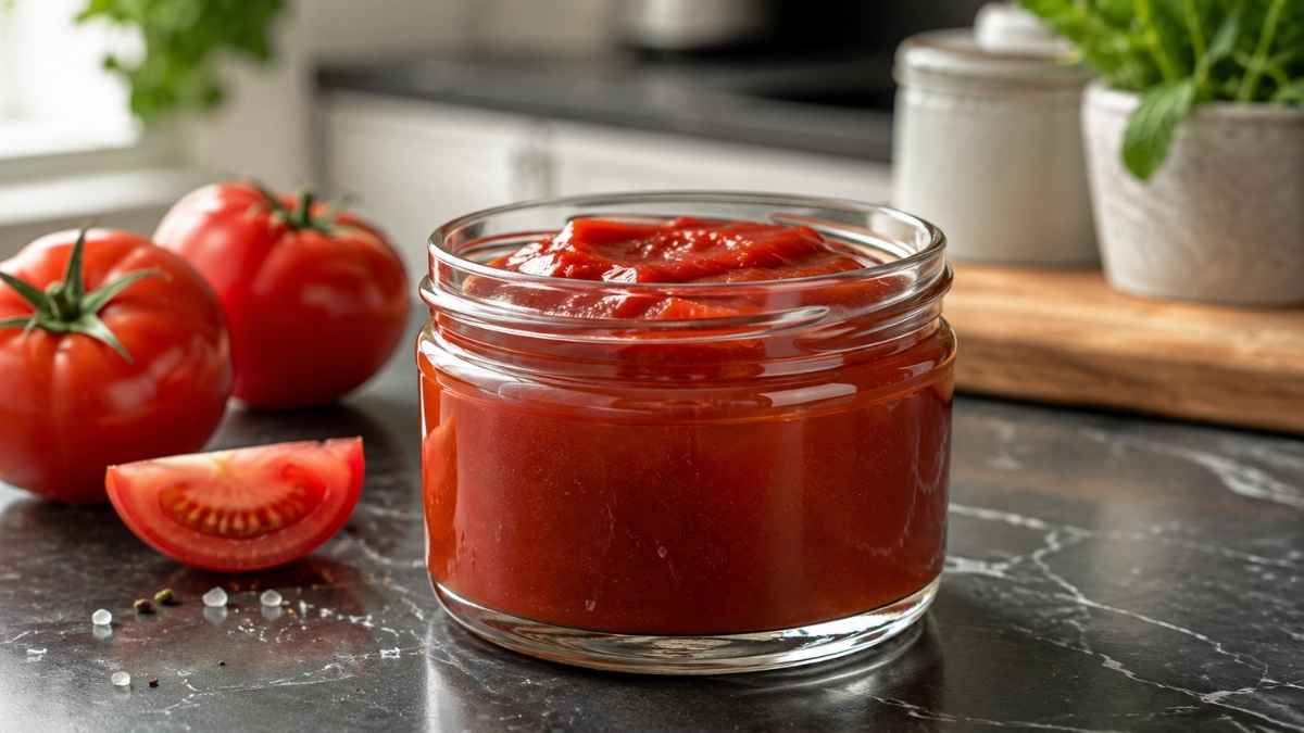 Selbst gemachter Tomaten-Ketchup in einem Glas auf einem Holztisch, umgeben von frischen Tomaten