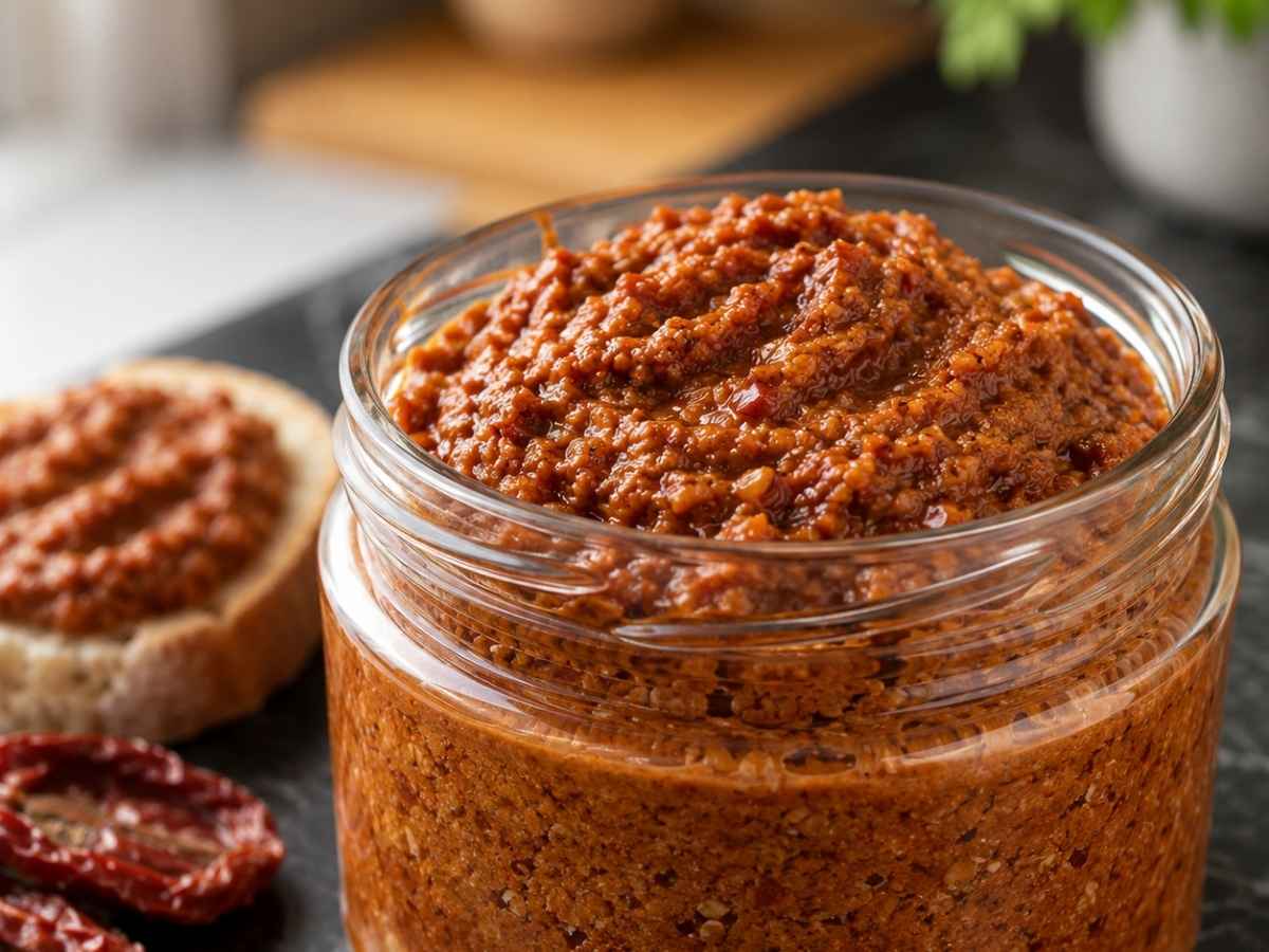 Cremiges Tomatenpesto in Nahaufnahme auf einem Löffel