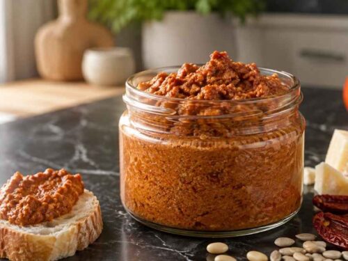 Tomatenpesto Tomatenpesto im Schraubglas neben frischen Zutaten