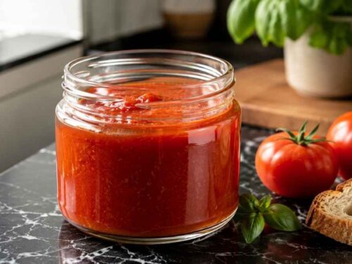 Selbst gemachte Tomatensauce mit Crème fraîche in einem Topf, Weitwinkelaufnahme