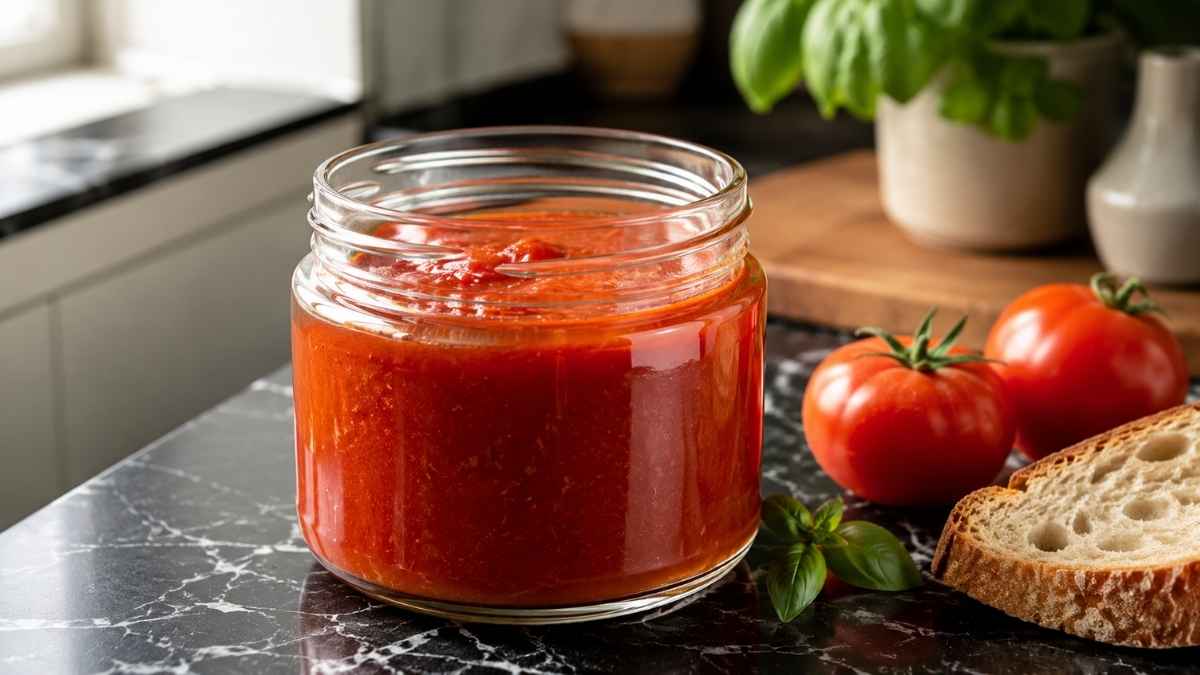 Selbst gemachte Tomatensauce mit Crème fraîche in einem Topf, Weitwinkelaufnahme