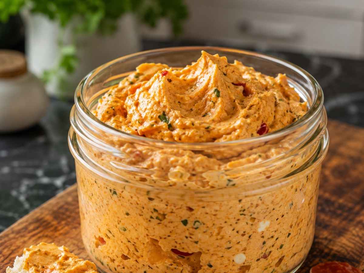 Türkischer Obatzter 2 Nahaufnahme von Türkischer Obatzter mit sichtbaren Ajvar-Schlieren und Petersilie