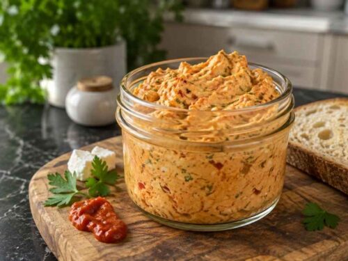 Türkischer Obatzter cremiger Dip in einer Schüssel mit Fladenbrotstücken zum Dippen