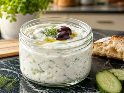 Schüssel mit selbstgemachtem Tzatziki, garniert mit Oliven und Olivenöl