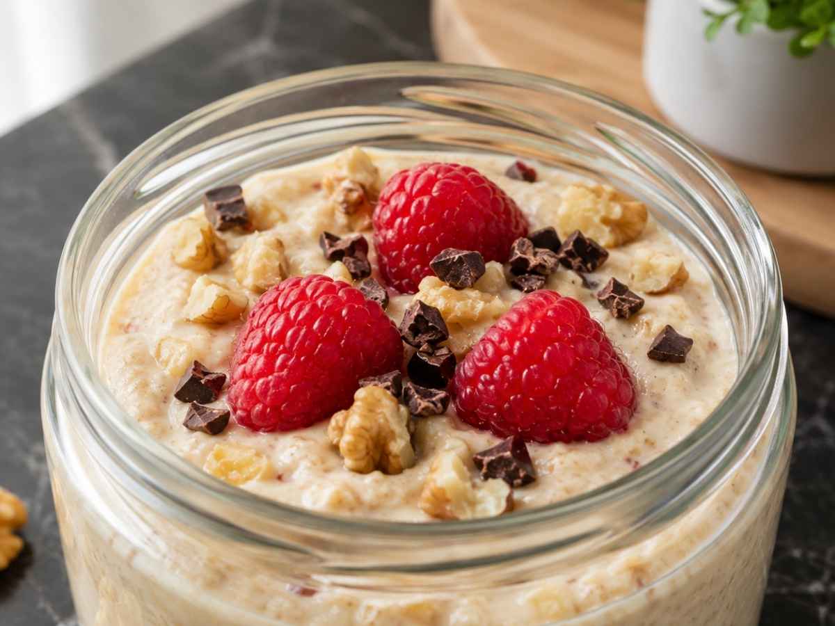 Nahaufnahme von cremigen Vanille-Apfel-Pudding-Oats mit Kakaonibs