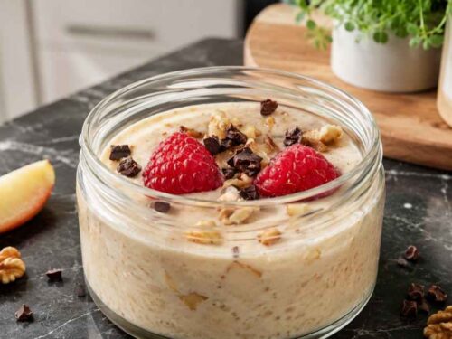 Vanille-Apfel-Pudding-Oats in zwei Schälchen mit Himbeeren und Walnüssen