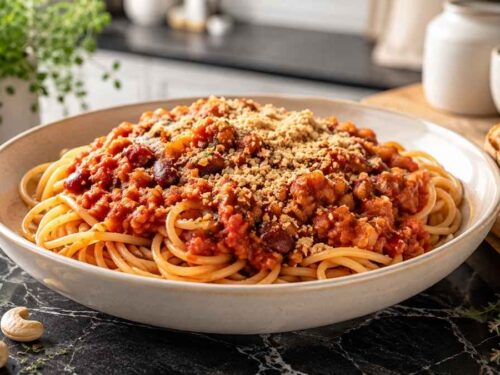 Vegane Bolognese mit würzigem Cashew-Topping über Nudeln in einer Schüssel