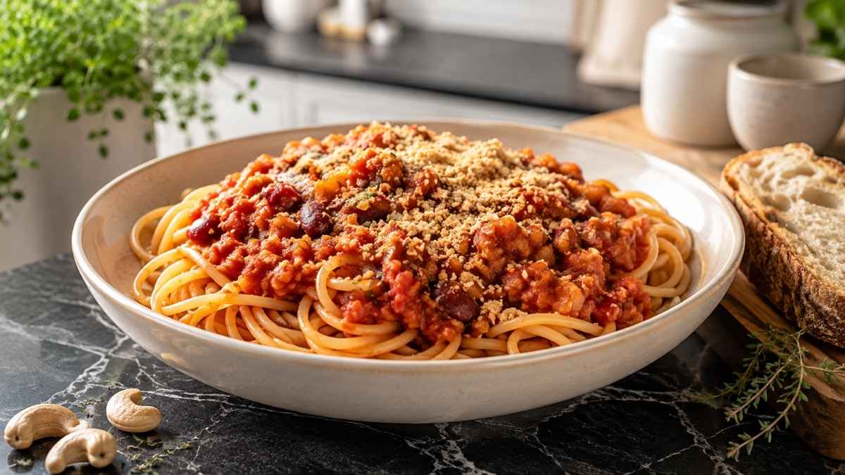 Vegane Bolognese mit würzigem Cashew-Topping über Nudeln in einer Schüssel