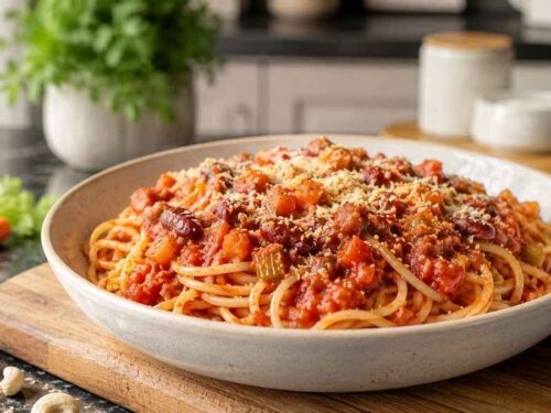 Vegane Bolognese mit Kidneybohnen und Cashew-Käseersatz auf Vollkornnudeln