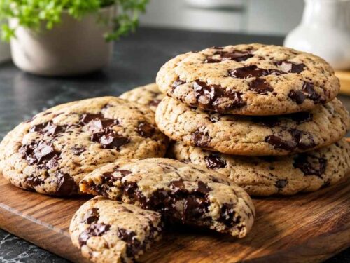 Vegane Chocolate Chip Cookies mit Schokoladenstückchen, frisch aus dem Ofen auf einem Abkühlgitter
