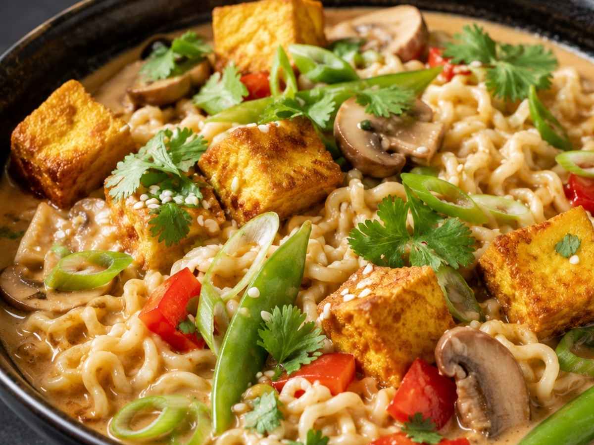 Nahaufnahme der cremigen Erdnuss-Kokos-Brühe mit knusprigem Tofu