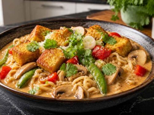 Vegane Erdnuss-Ramensuppe mit Tofu, Mie-Nudeln und Gemüse in einer Schüssel