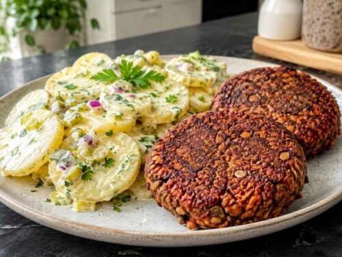 Vegane Frikadellen mit Kartoffelsalat, serviert auf einem weißen Teller