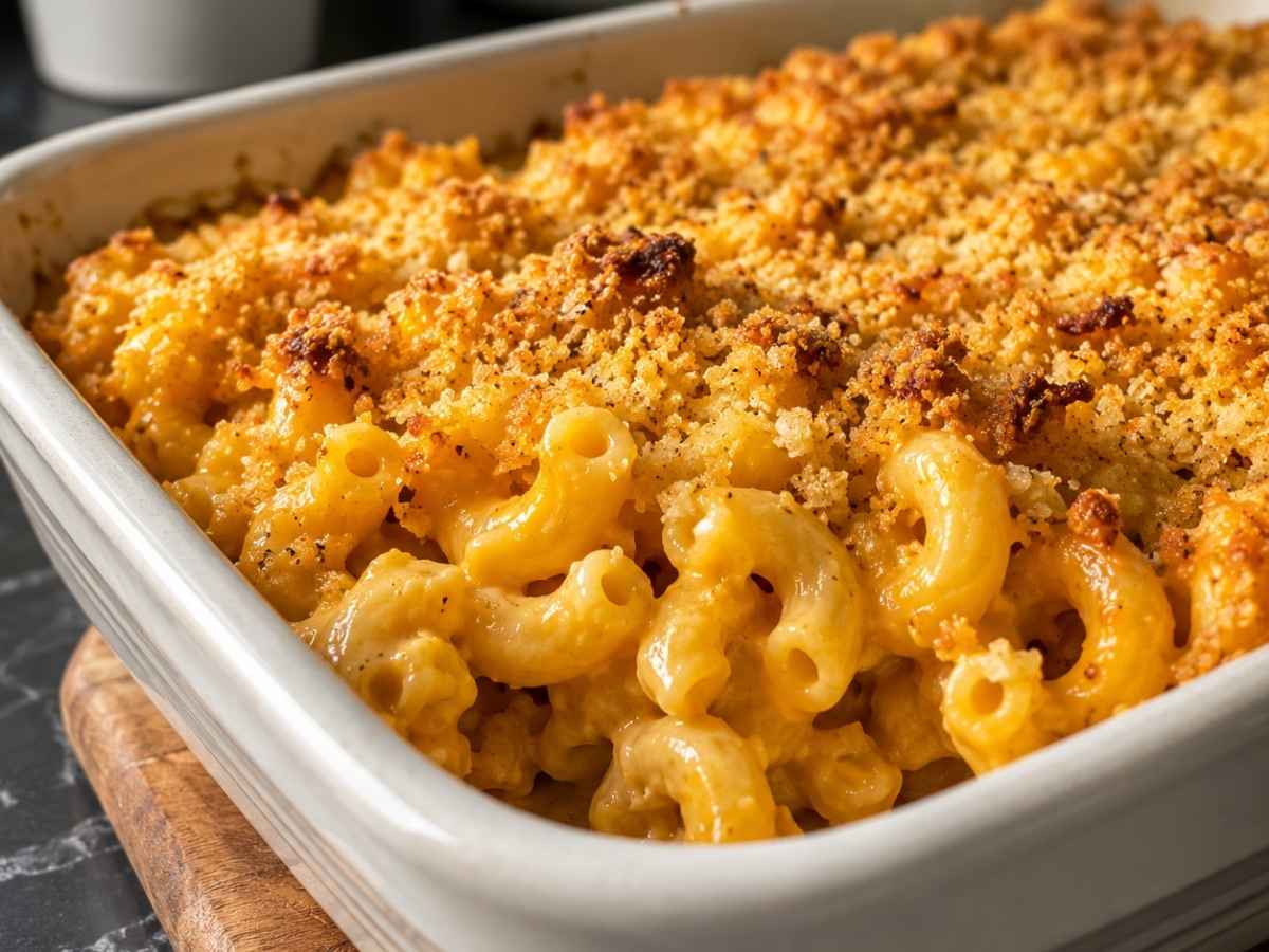 Nahaufnahme der cremigen Cashew-Käsesauce bei veganer Mac and Cheese