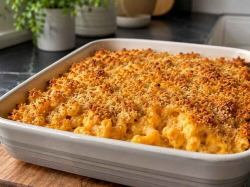 Vegane Mac and Cheese in der Auflaufform, goldbraun überbacken